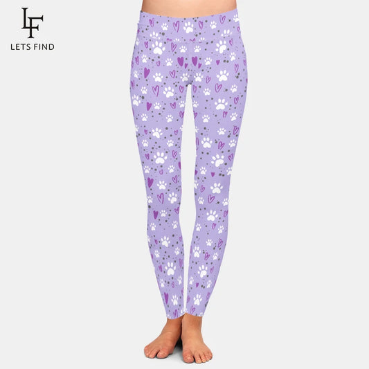 LETSFIND Stylish High Waist Women's Fitness Leggings with Dog PAWS and Hearts Milk Silk Print