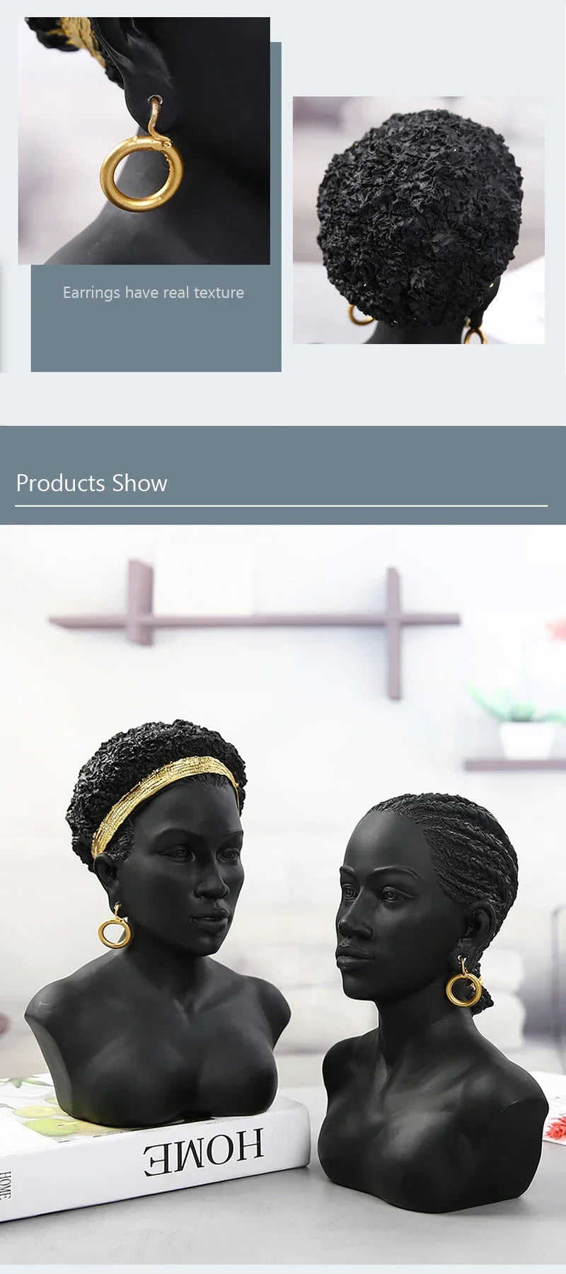 Resin African Black Woman Bust Statue American Figurines Sculpture Home Decor Living Room Shelf Display Cabinet Desk Decoration