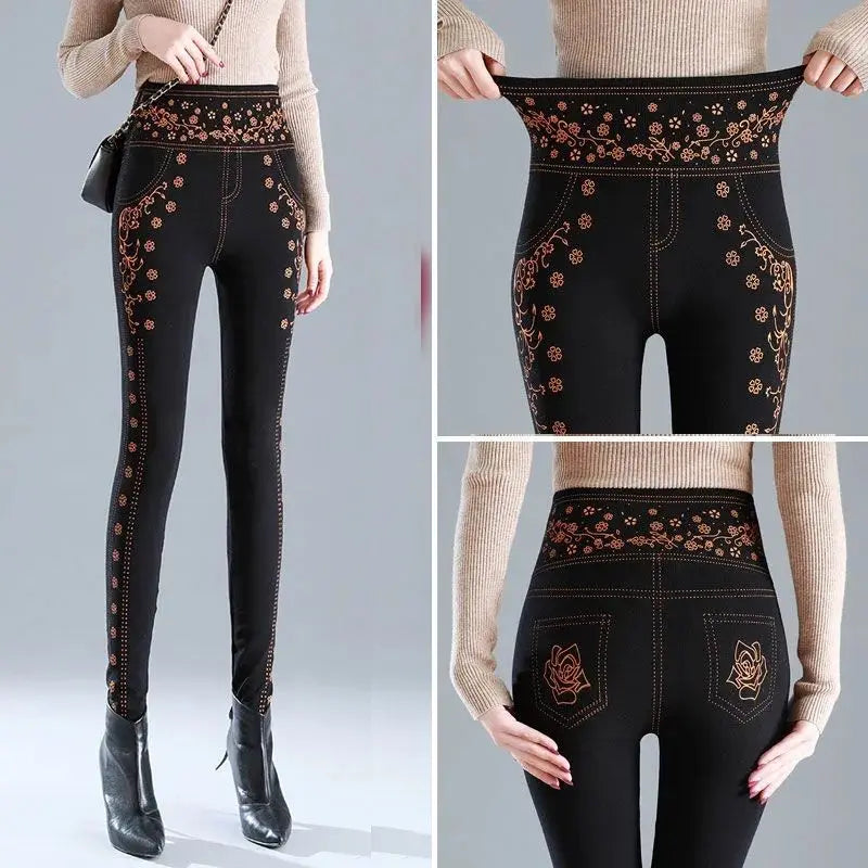 Cozy Floral Fleece-Lined High Waist Leggings for Women – Breathable and Stretchy Black Casual Trousers for Autumn-Winter