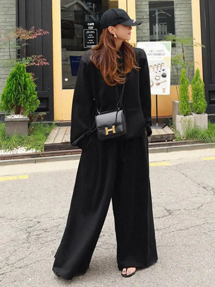 Bohohipei 2024 New Women Palazzo Pants Black Grey Color Spring Summer Fashion Casual High Waisted Wide Leg Trousers Bottoms