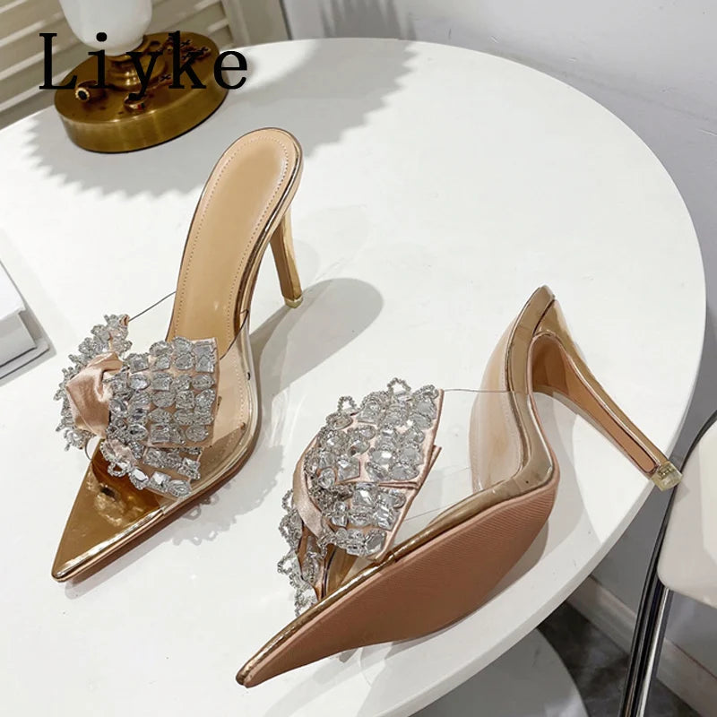 Liyke Elegant Crystal Bow High Heels Transparent Summer Slippers for Women - Sexy Pointed Toe Party Sandals