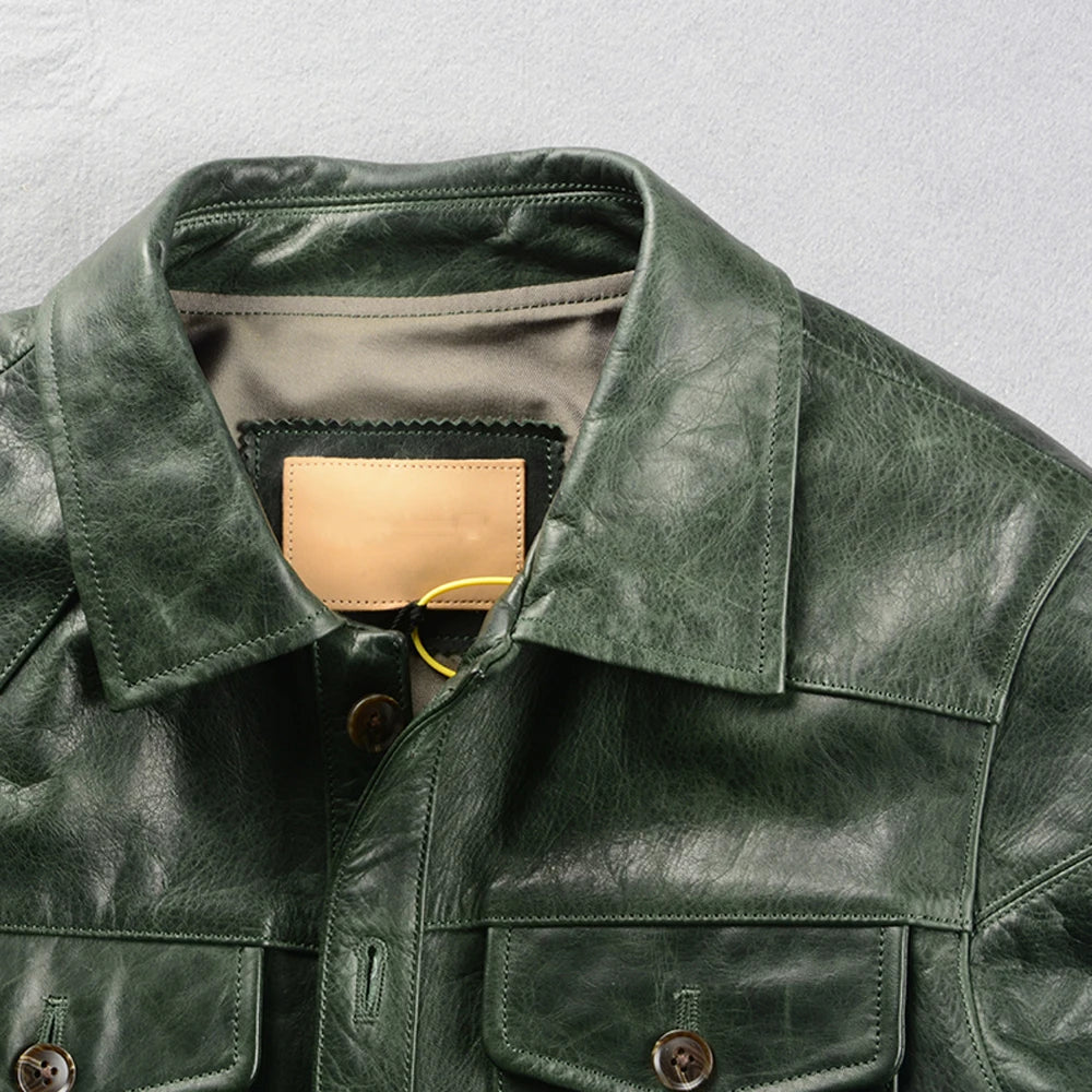 Big & Tall American M65 Horsehide Leather Jacket - Genuine Cowhide Overcoat in Green, Sizes Up to 6XL