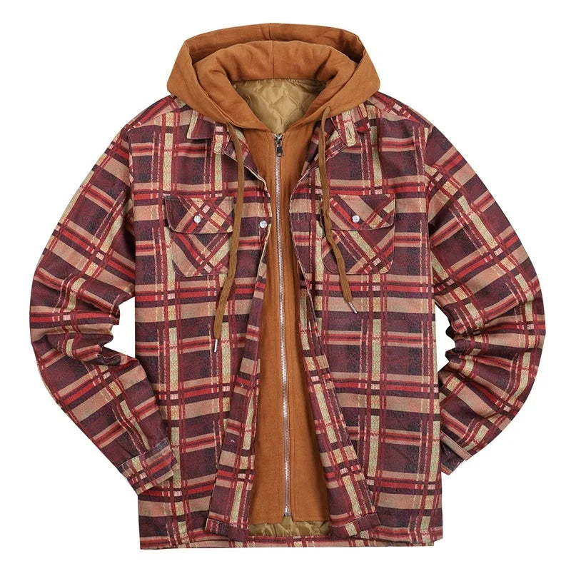 Oversized Men's Quilted Plaid Flannel Hooded Winter Coat