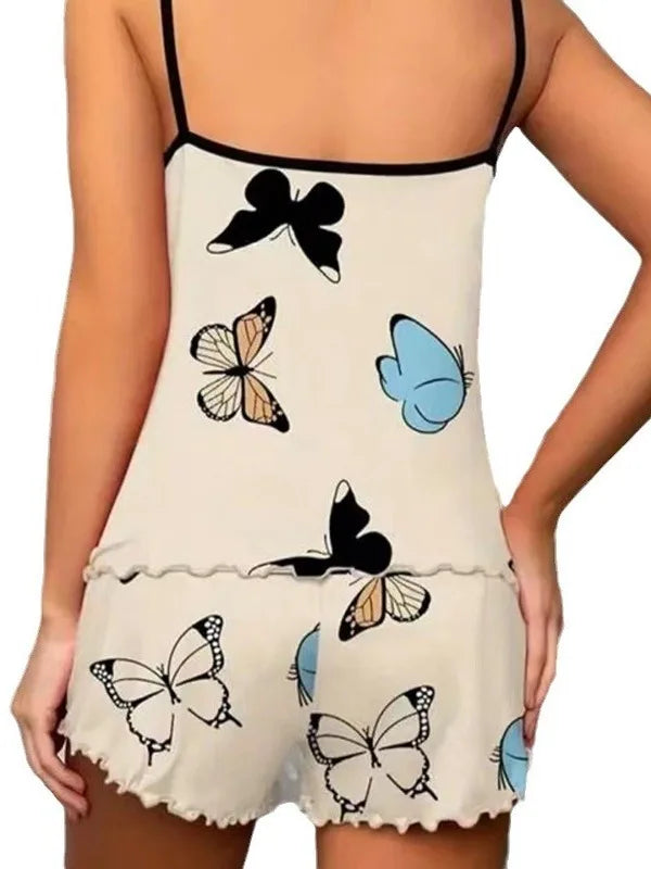 2024 Summer Women's Butterfly Print Lounge Set - Adjustable Strap Top & Elastic Waist Shorts