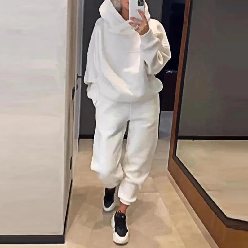 New Autumn Winter Thick Long Sleeved Hoodie Sets Casual Pocket Pants Sports Suit Women's Fashion Solid Loose Sweatshirt Outfits