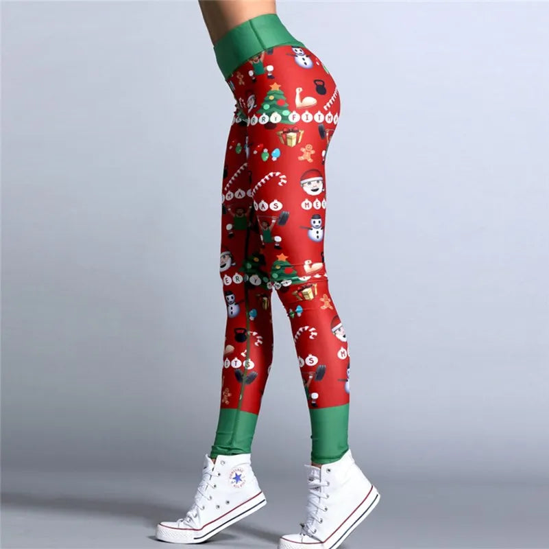 Festive Women's High-Waist Printed Leggings - Sleek & Stretchy Fitness Trousers for Holiday Workouts