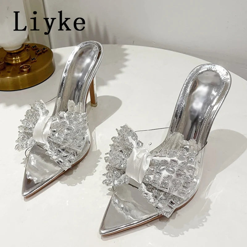 Liyke Elegant Crystal Bow High Heels Transparent Summer Slippers for Women - Sexy Pointed Toe Party Sandals