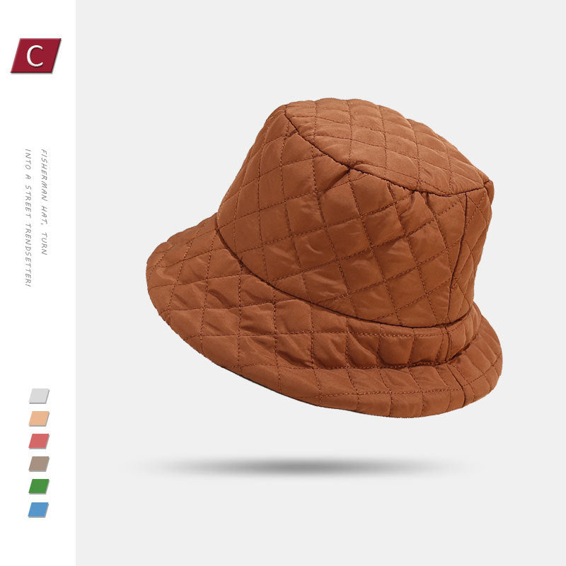 Chic Rhombus Design Winter Bucket Hat for Women - Premium Lightweight Down Cotton Fisherman Cap