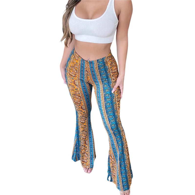 Floral High-Waisted Flare Trousers with Stretch Waistband - Bohemian Yoga and Casual Wear Pants for Women