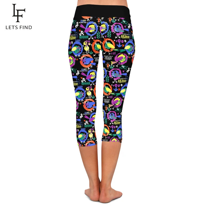 LETSFIND Women's Hand-Painted Cartoon Bird Print High Waist Capri Leggings - Stylish and Comfortable 3/4 Pants