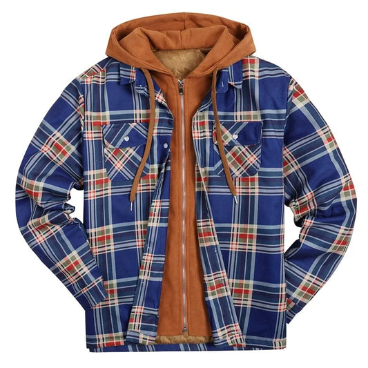 Oversized Men's Quilted Plaid Flannel Hooded Winter Coat