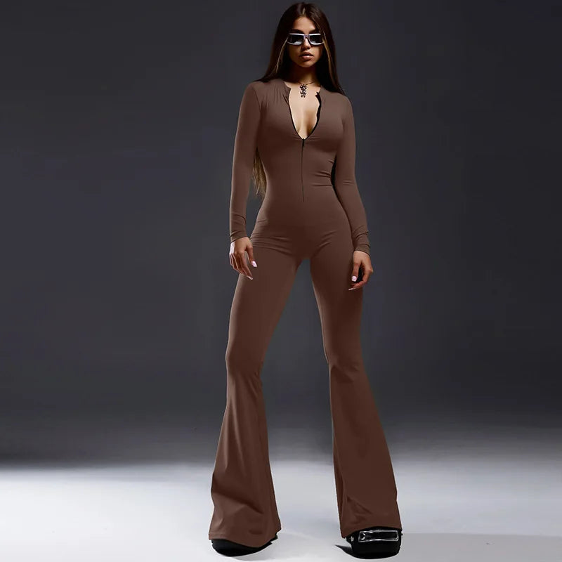 Chic Bodycon Jumpsuit with Flare Trousers and Zipper for Active Women