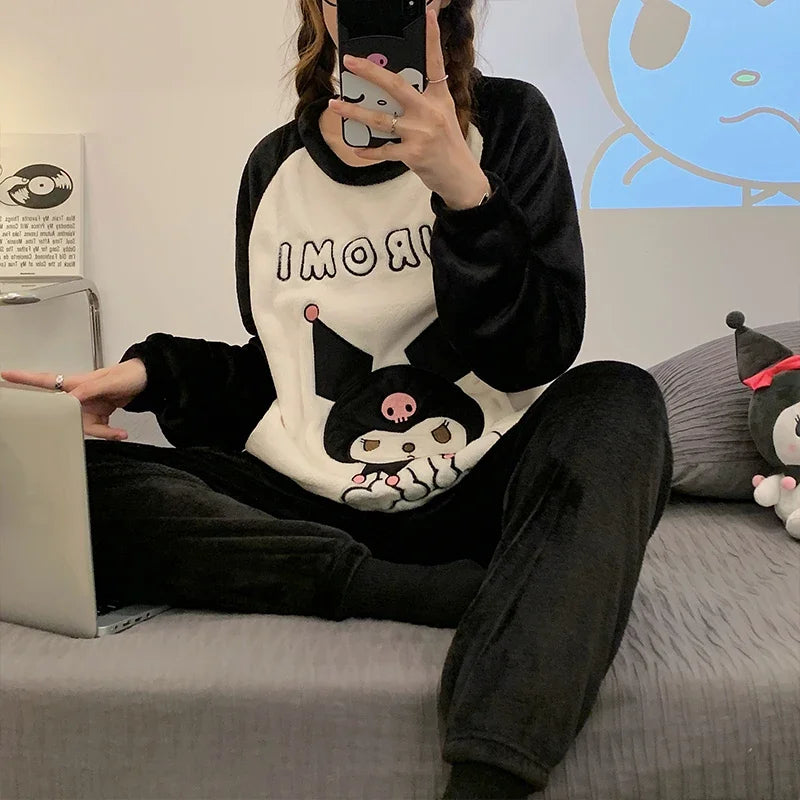 Cozy Sanrio Kuromi Winter Pajama Sets for Women - Adorable Soft Sleepwear & Cartoon Home Wear Gift