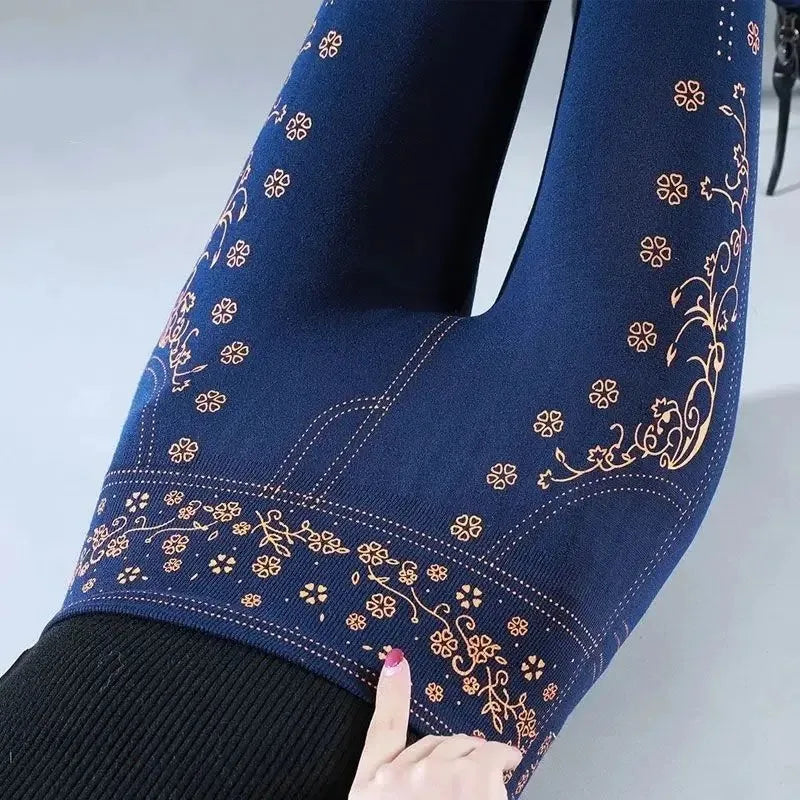 Cozy Floral Fleece-Lined High Waist Leggings for Women – Breathable and Stretchy Black Casual Trousers for Autumn-Winter