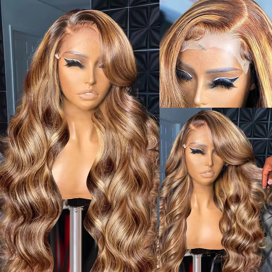 30-40 Inch Ombre Highlight Body Wave Lace Frontal Wig for Women - 250% Density Human Hair Style