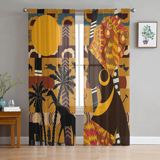 African Woman Female Elephant Giraffe Sheer Curtains for Living Room Decoration Window Curtains Kitchen Tulle Voile Curtains