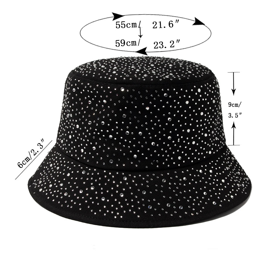 Chic Rhinestone-Studded Y2K Bucket Hat for Women - Stylish Cotton Panama Cap for Spring and Summer Escapades