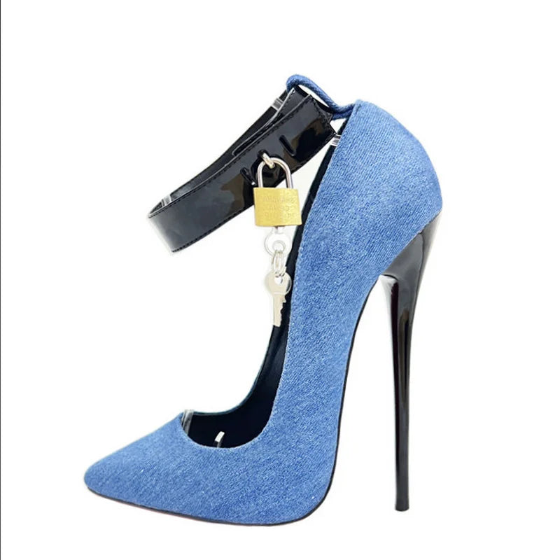 Chic 16cm Denim High Heels for Women - Customizable Fetish Pumps with Ankle Strap and Pointed Toe, Ideal for Cosplay Events