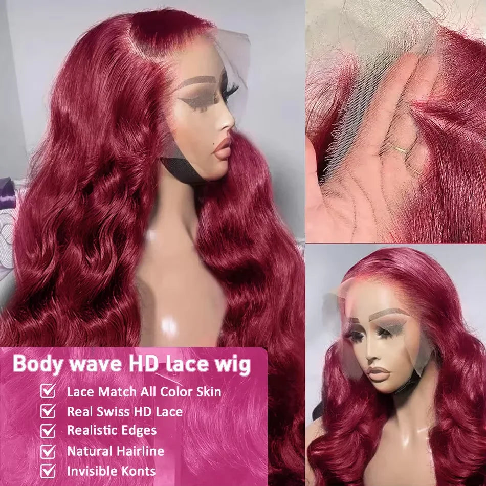 Burgundy Body Wave Lace Front Human Hair Wig for Black Women - 99J Remy HD Frontal Hairpiece