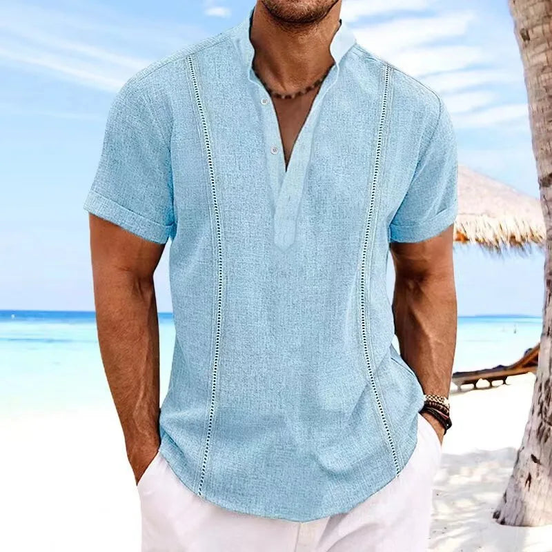 Men's Premium Cotton Linen Summer Guayabera Pullover Shirt with Stylish Henry Collar