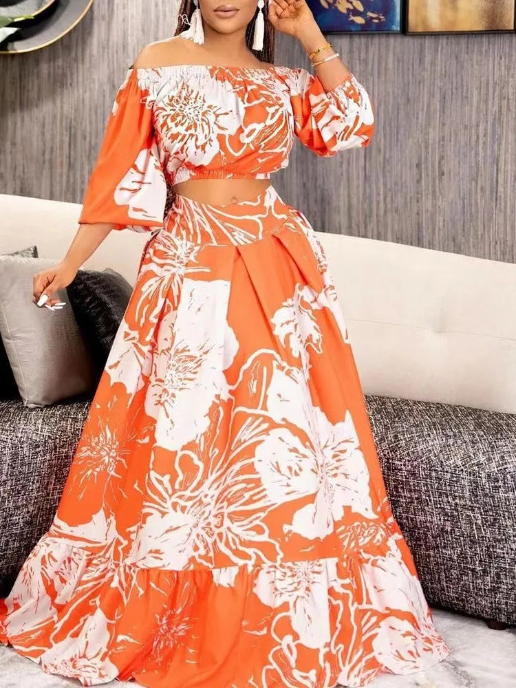 Chic Autumn Boho Print 2-Piece Set: V-Neck Crop Top & Flowing Long Skirt for Elegant Casual Wear