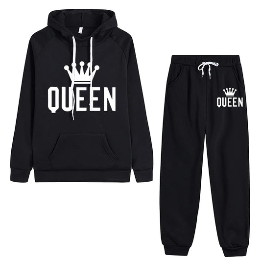 Queen Printing Womens Outfits Fashion Trend Hooded Sweatshirt Suit Casual Jogging Clothing Autumn Winter Hot Sales Pants Set