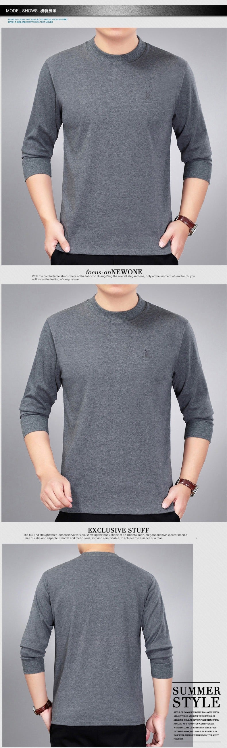 Cotton Long-Sleeve Half-Neck T-Shirt for Stylish Middle-Aged Dads