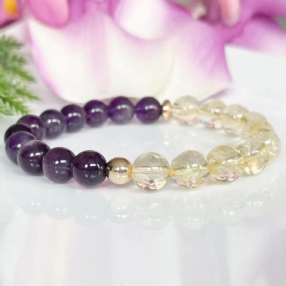 Ruberthen Healing Gemstone Bracelet for Women - Citrine & Amethyst Beaded Mala for Anxiety Relief and Yoga