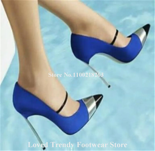 Chic Blue Metallic Stiletto Pumps with Silver Pointed Toes - Elegant Slip-On Heels for Weddings and Parties in Plus Sizes