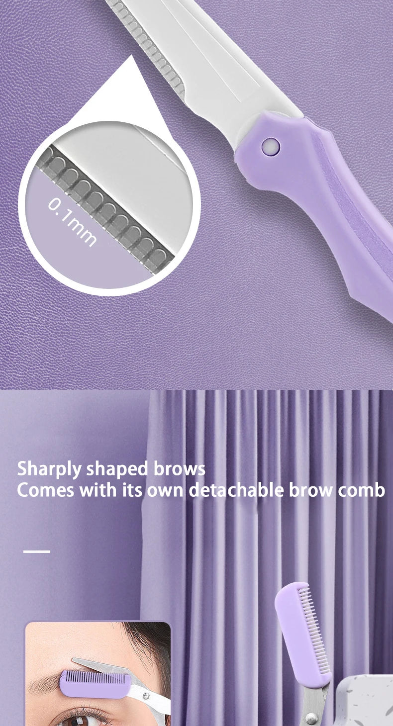 Fashionable Purple Eyebrow Grooming Kit: Foldable Trimmer, Comb, Scissors & Precision Tweezers - 2023 Collection