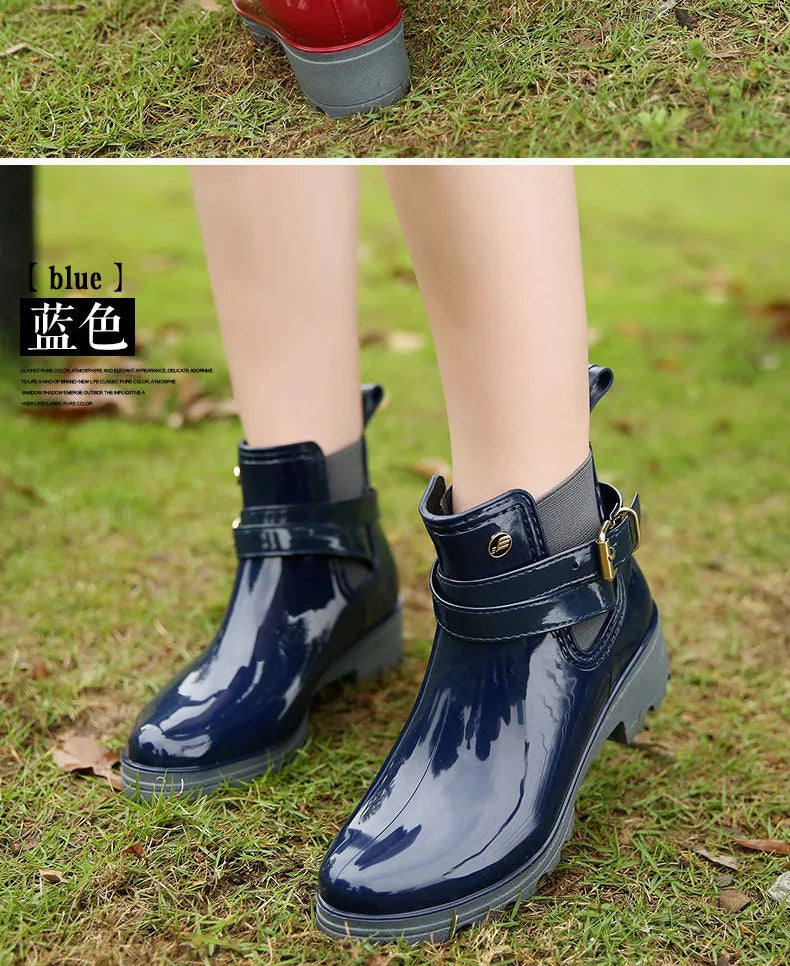 Stylish Waterproof Ankle Rain Boots for Women - PU Leather Slip-On Booties for All Seasons