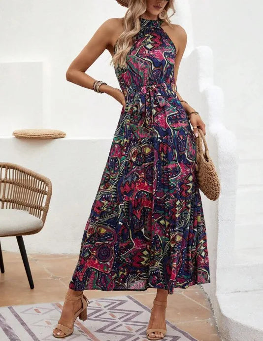 Summer Fashion Print Slip Sleeveless Waist Swing Dress Sexy Women Sashes Bohemia Dress Lady Long Maxi Vestido Vintage Robe Femme