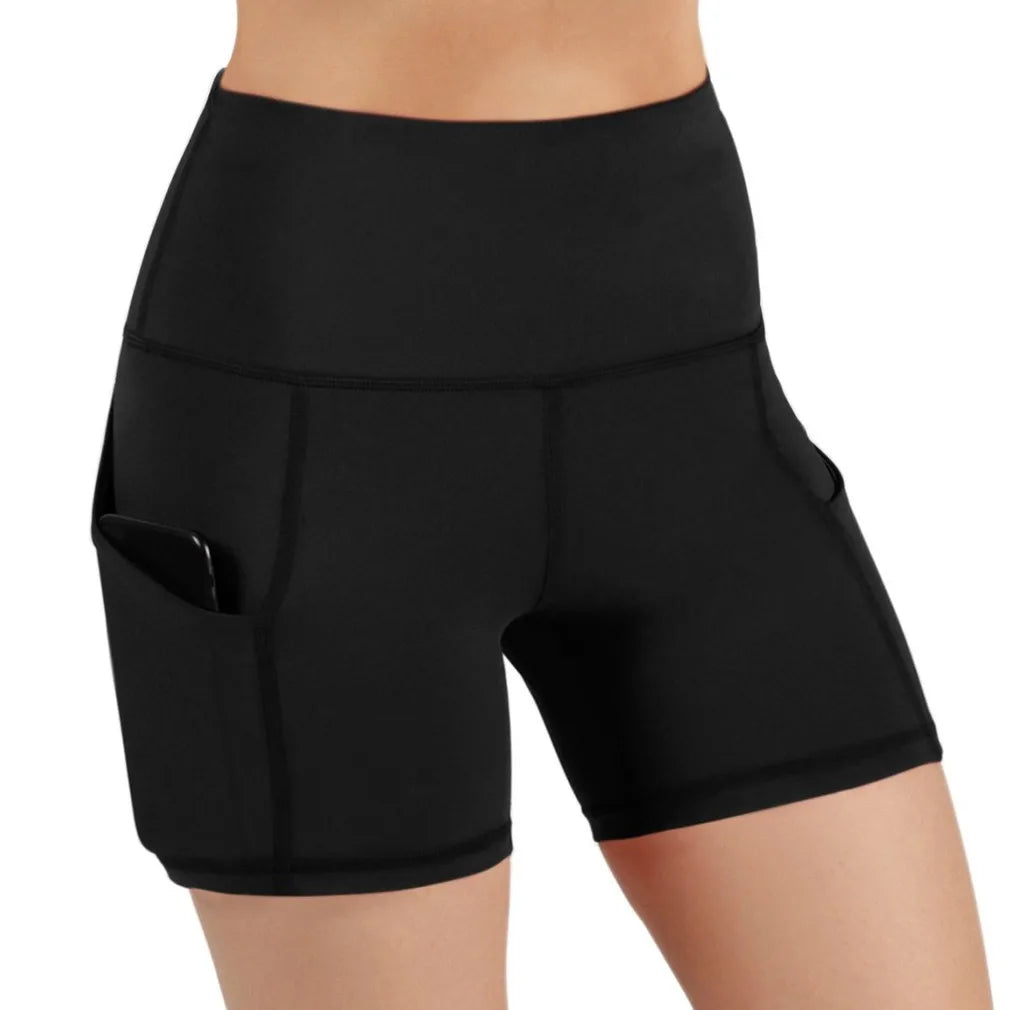 Stylish High Waist Pocketed Women's Yoga Shorts for Gym and Running Fitness