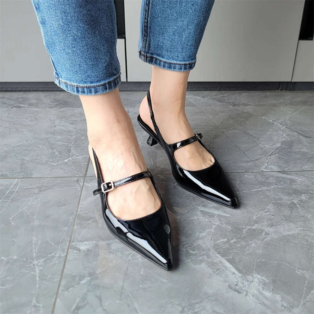 Stylish FEDONAS Women's Genuine Leather Slingback Kitten Heels with Pointed Toe for Parties