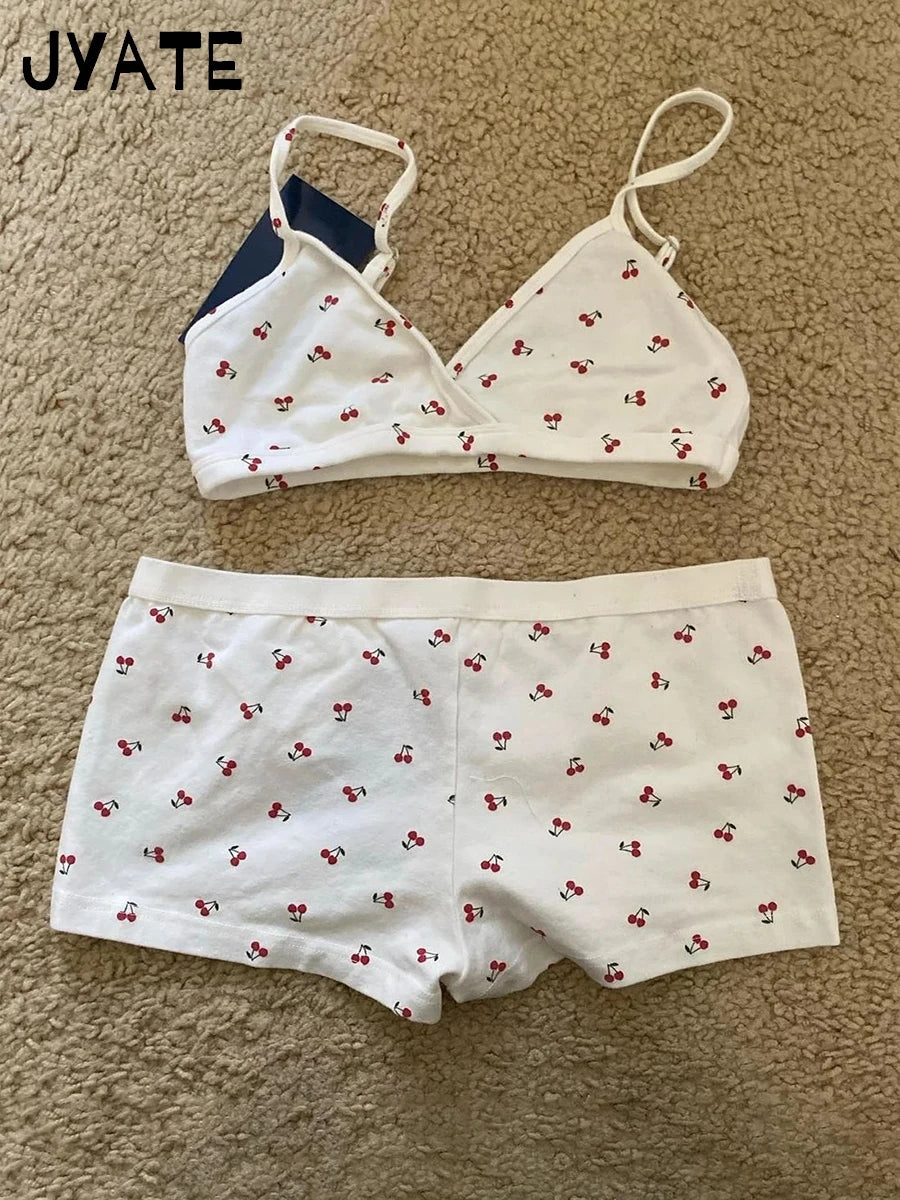 Playful Cherry Print Cotton Pajama Set for Women – Sexy V-Neck Bra and Chic Shorts Combo