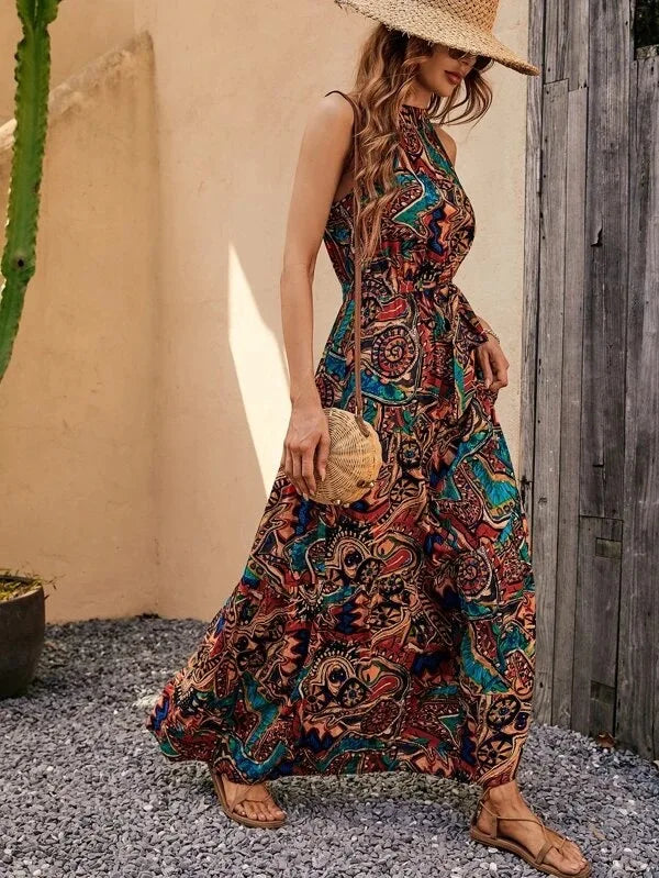 Summer Fashion Print Slip Sleeveless Waist Swing Dress Sexy Women Sashes Bohemia Dress Lady Long Maxi Vestido Vintage Robe Femme