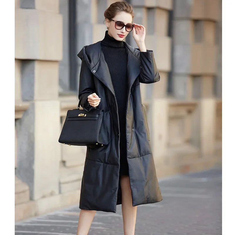 Genuine Sheepskin Leather Jacket Women Mid-length Hooded Down Coats 2024 Autumn Winter Real Black Leather Coat Jaqueta Feminina