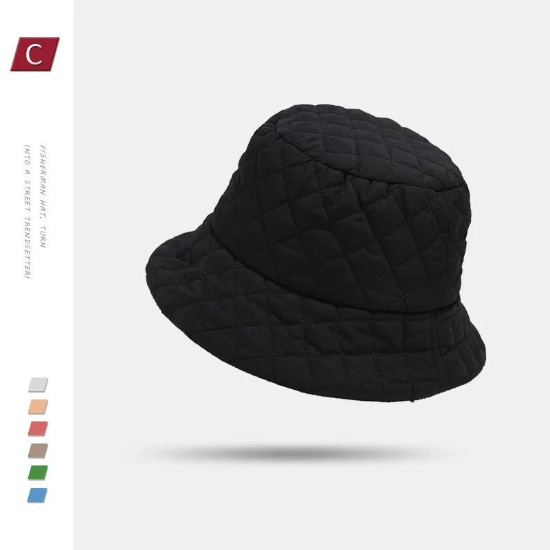 Chic Rhombus Design Winter Bucket Hat for Women - Premium Lightweight Down Cotton Fisherman Cap