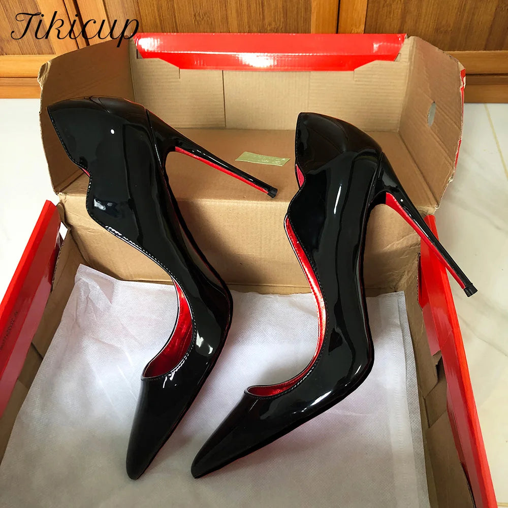 Tikicup Chic Pointed Toe 12cm Stiletto Pumps for Women - Sexy Glossy Black V-Cut High Heel Party Shoes