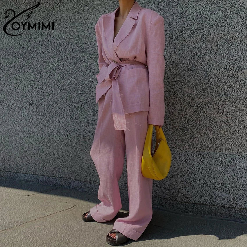 Oymimi Fashion Loose Pink Cotton 2 Piece Sets Women Outfit Vintage Long Sleeve Lace-Up Blazer With High Waist Wide Pants Set