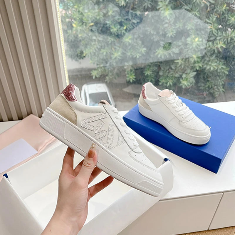 2024 Women's 100% Genuine Leather Sneakers - Chic Cowhide Low-Top White Shoes