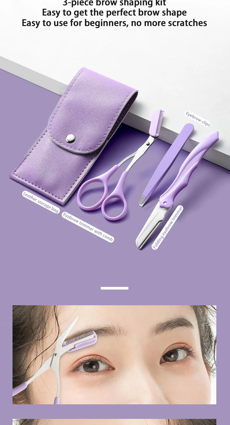 Fashionable Purple Eyebrow Grooming Kit: Foldable Trimmer, Comb, Scissors & Precision Tweezers - 2023 Collection