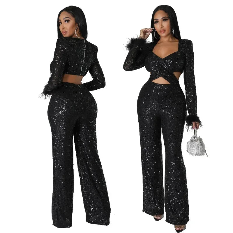 Chic Autumn V-Neck Sequin Jumpsuit with Feather Accents for Women