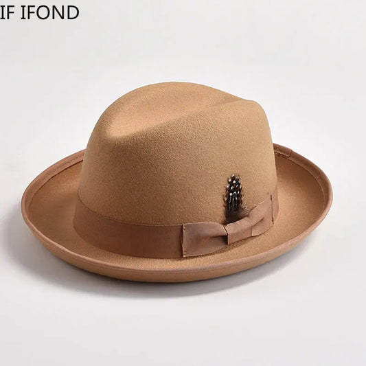 Classic British Wool Felt Fedora Hat for Men - Roll Up Brim Homburg Style for Formal Events and Parties