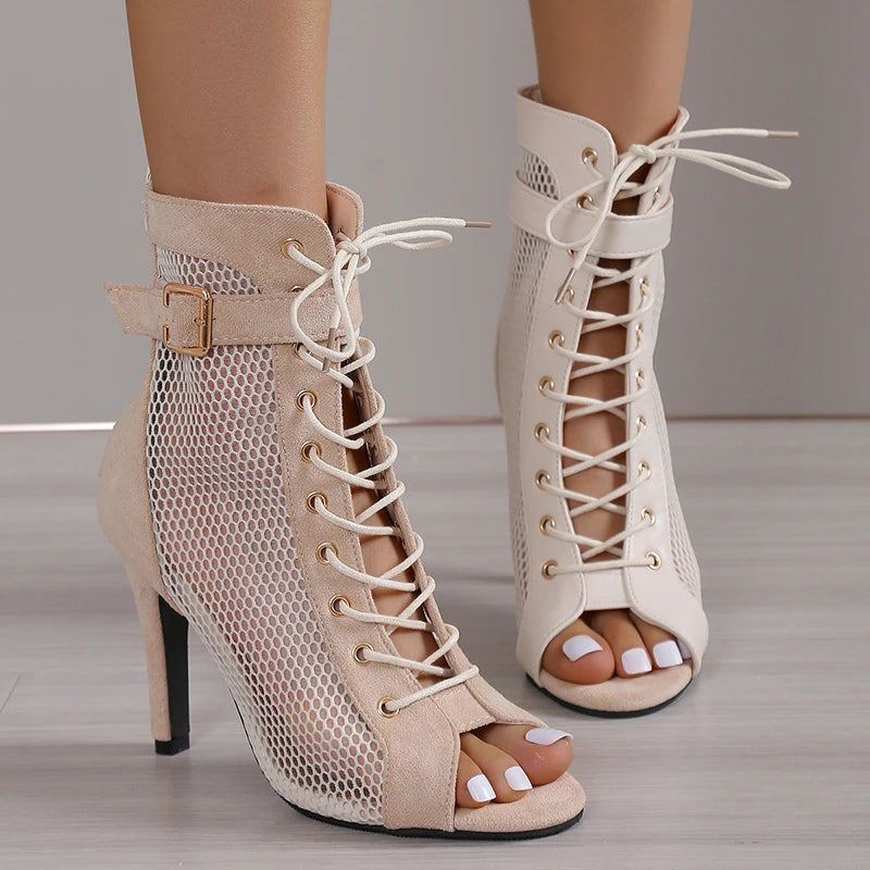 Beige Lace-Up Stiletto Sandals with Hollowed Mesh and Belt Buckle for Women's Summer Dance Parties