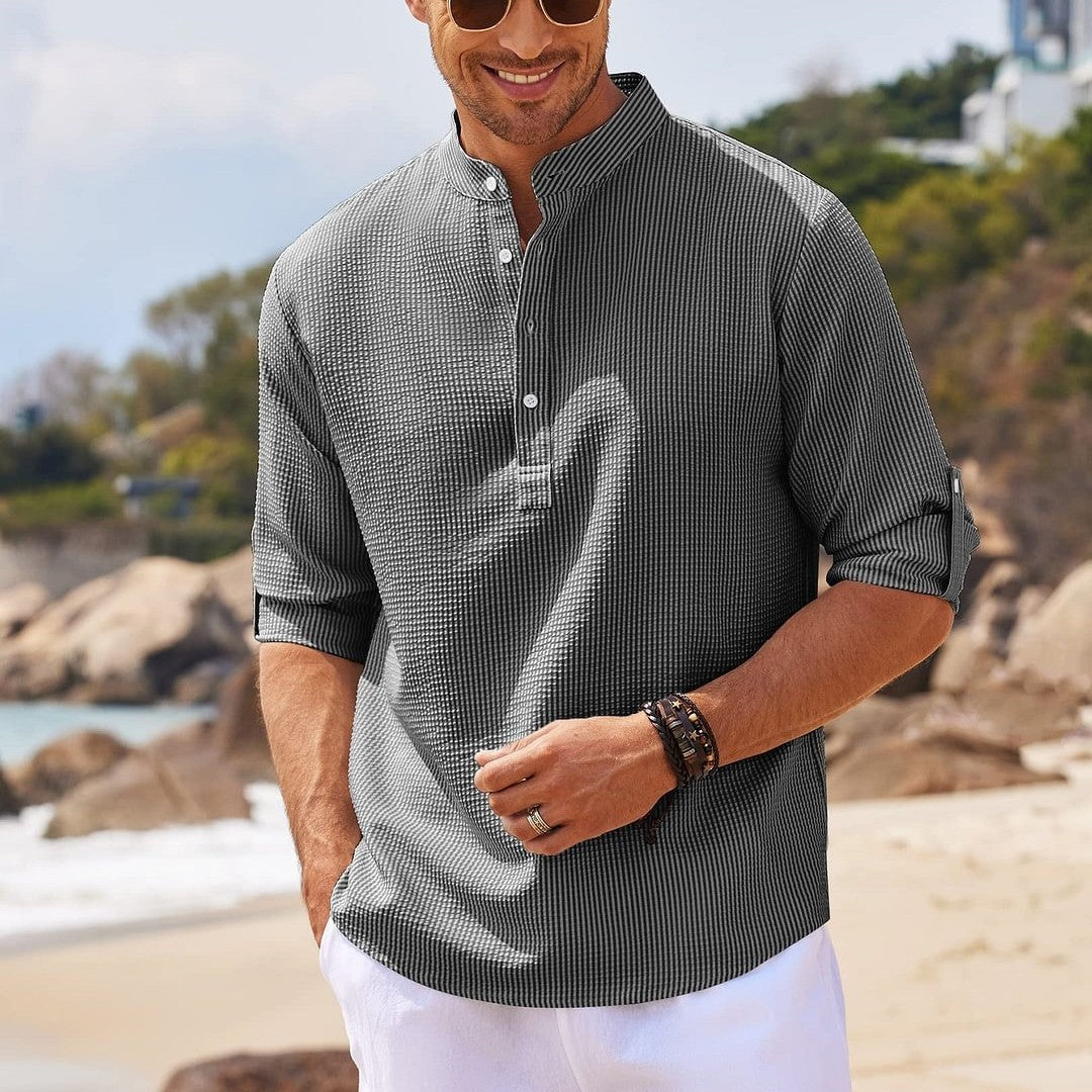 Men's Versatile Long Sleeve Stand Collar Shirt - Stylish Solid Color Essential for Any Occasion