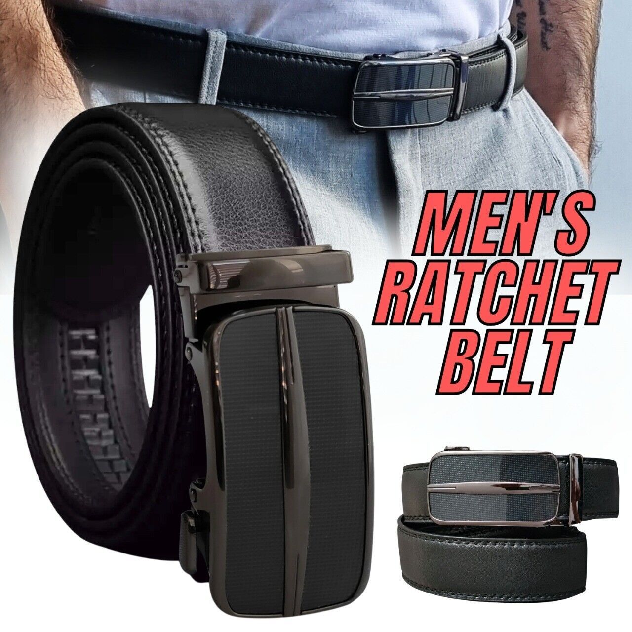 Premium Adjustable Microfiber Leather Ratchet Belt for Men with Slide Buckle