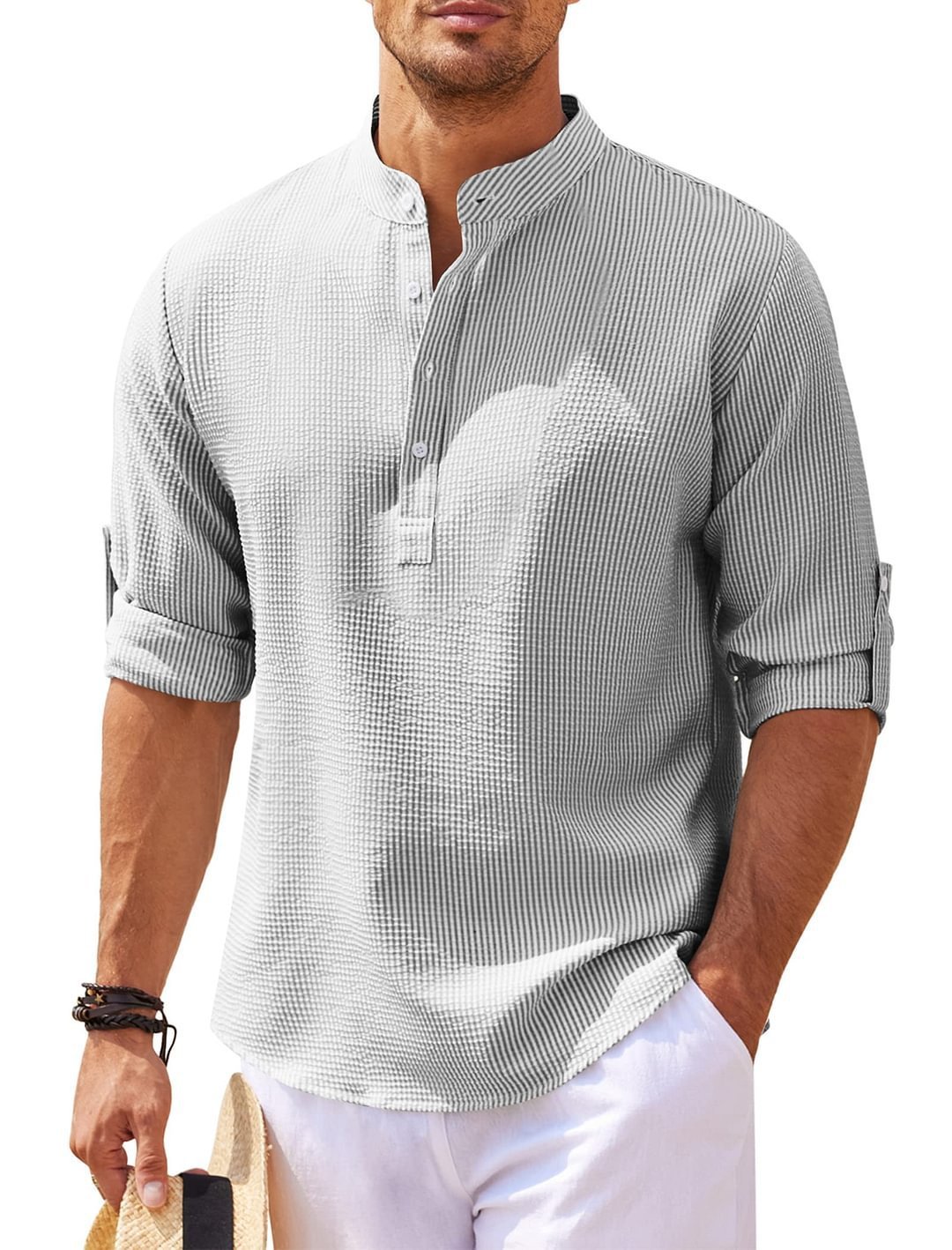 Men's Versatile Long Sleeve Stand Collar Shirt - Stylish Solid Color Essential for Any Occasion