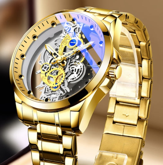 Luxury Gold Skeleton Automatic Quartz Watch for Men - Vintage Style Timepiece