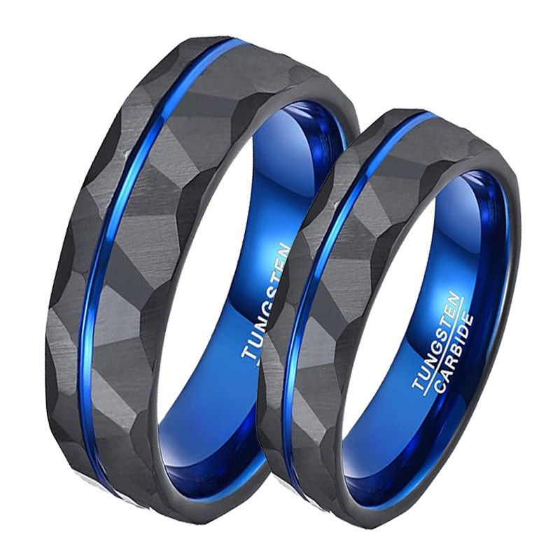 Men's Blue and Black Plated Tungsten Ring with Flower Sand Surface Design